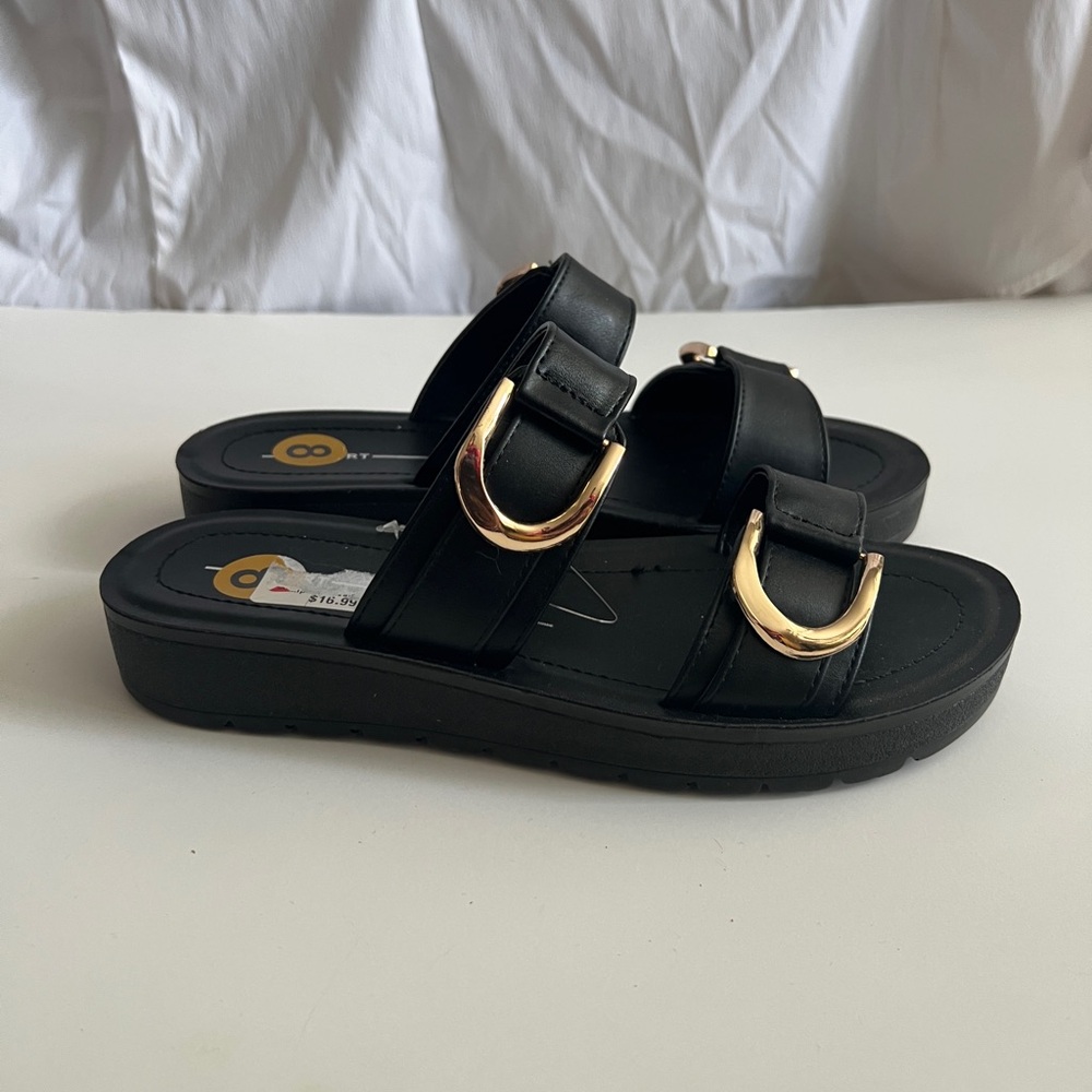 Black Slip-On Sandals – Size 8 | 1” Platform Heel | Gold Buckle | Faux Leather